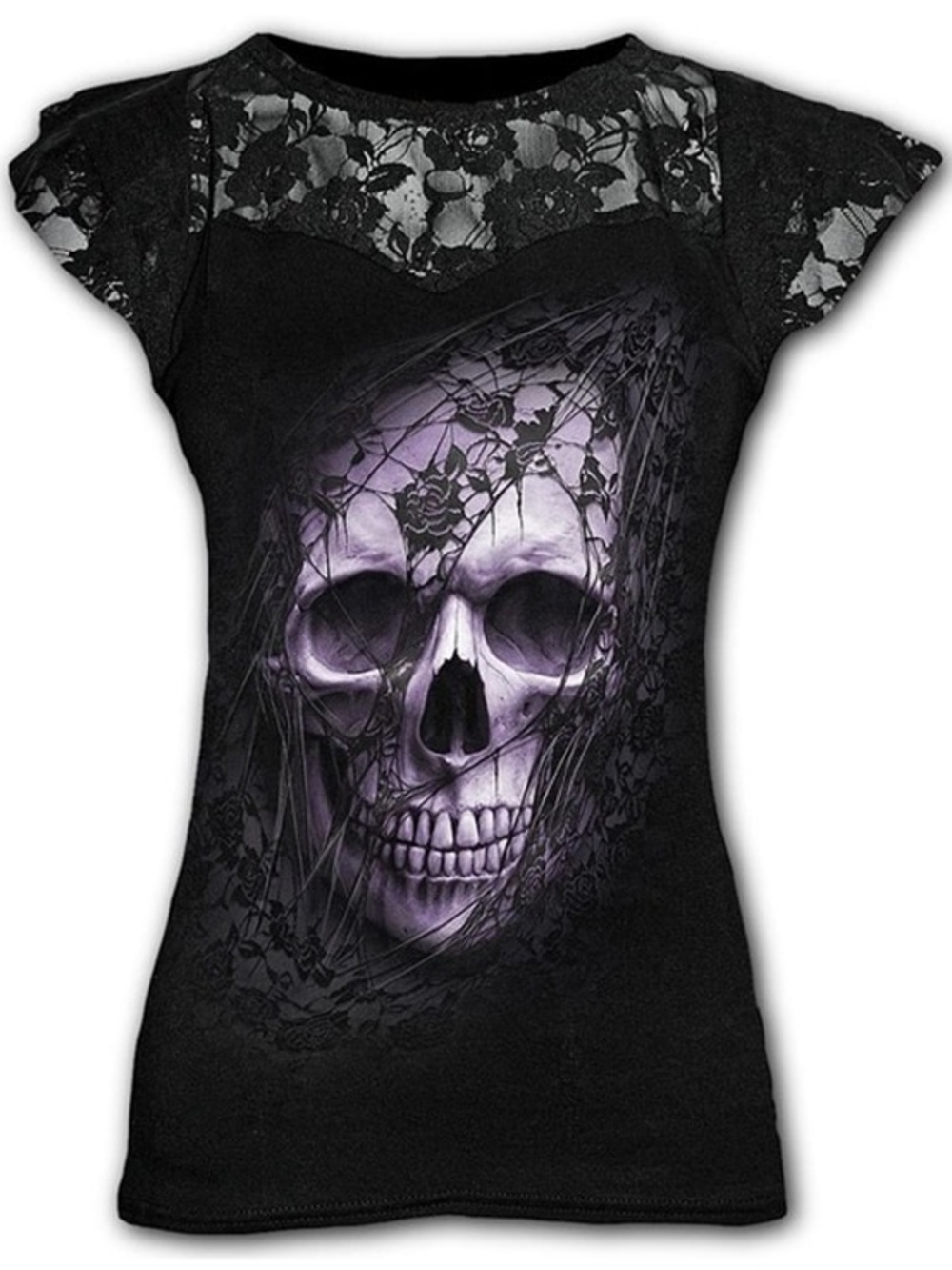 Boutique Black & Purple Lace Sleeve Skull & Roses Graphic Tee - Size XXL